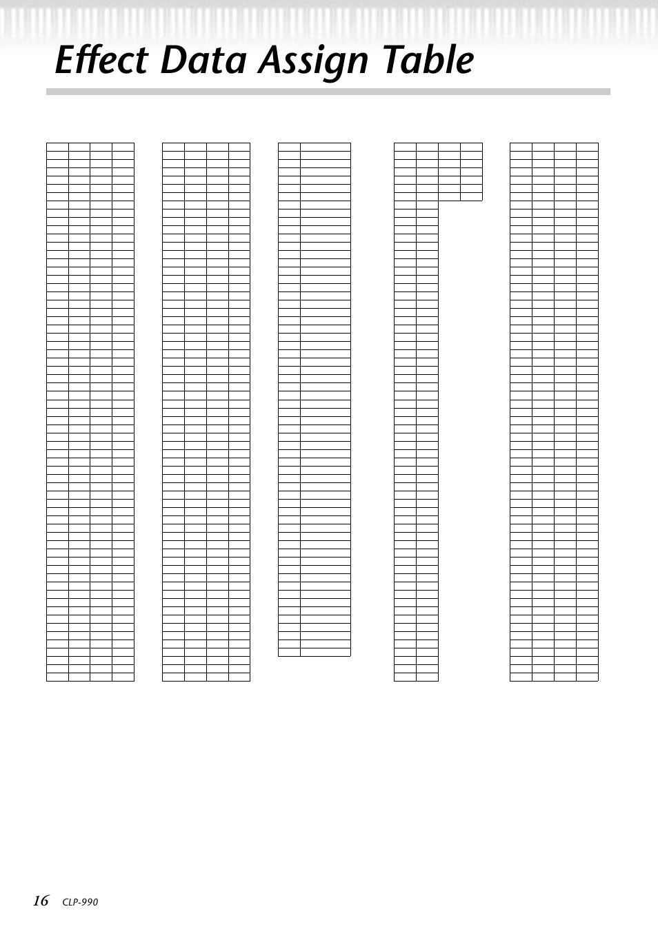 Effect data assign table, Clp-990 | Yamaha CLP-990  EN User Manual | Page 16 / 36
