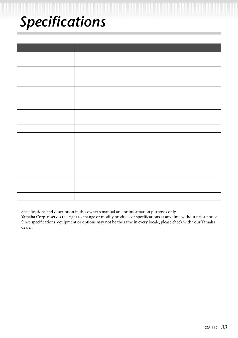 Specifications | Yamaha CLP-990  EN User Manual | Page 33 / 36