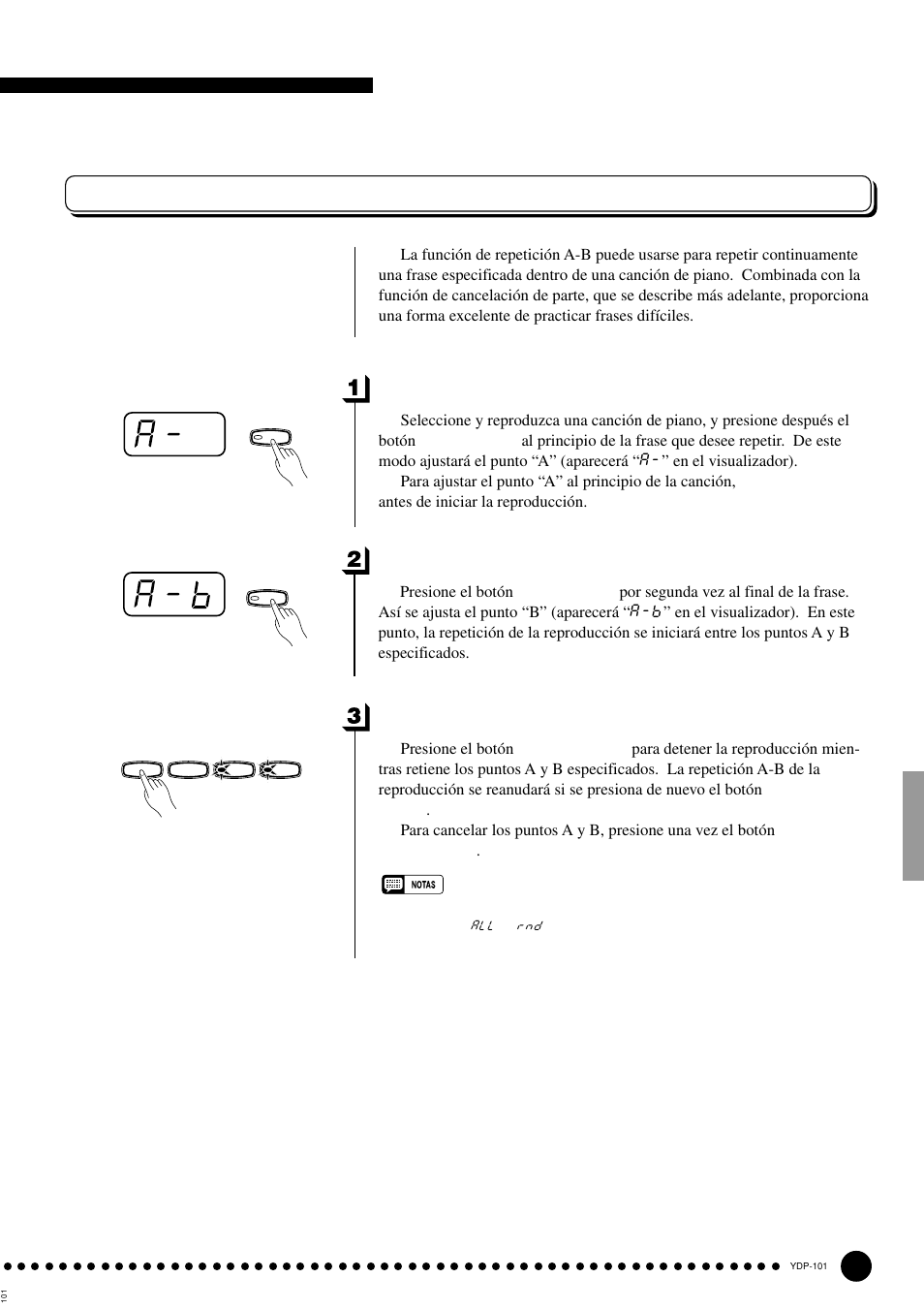 Reproducción de las canciones de demostración, Repetición a-b de canciones de piano, Especifique el principio (a) de la frase | Especifique el final (b) de la frase, Pare la reproducción | Yamaha PDP-101 User Manual | Page 13 / 47