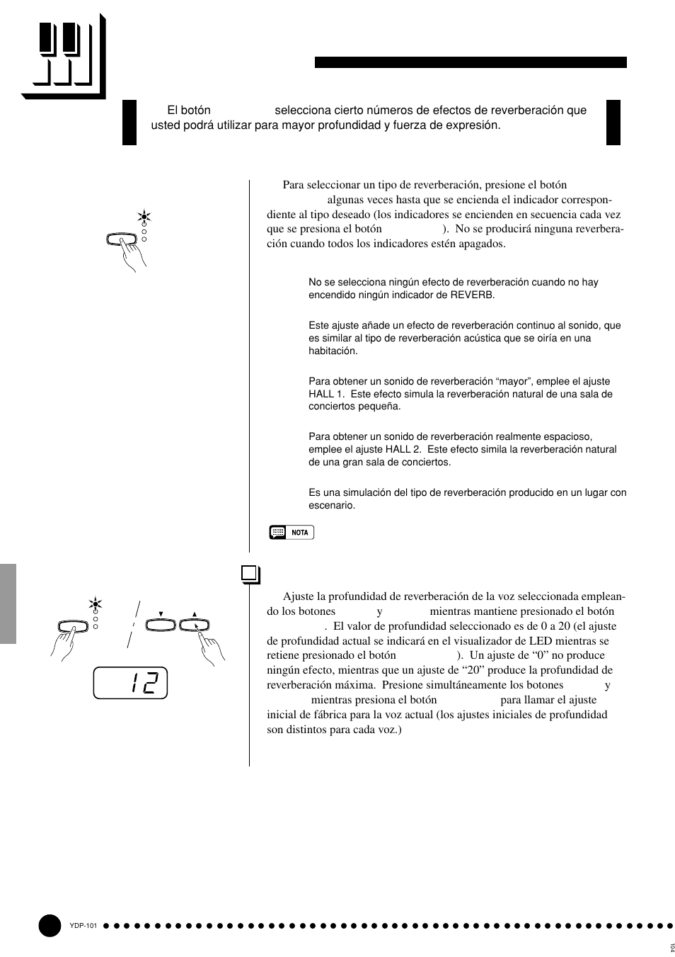 Reverberación, Ajuste de la profundidad de reverberación | Yamaha PDP-101 User Manual | Page 16 / 47