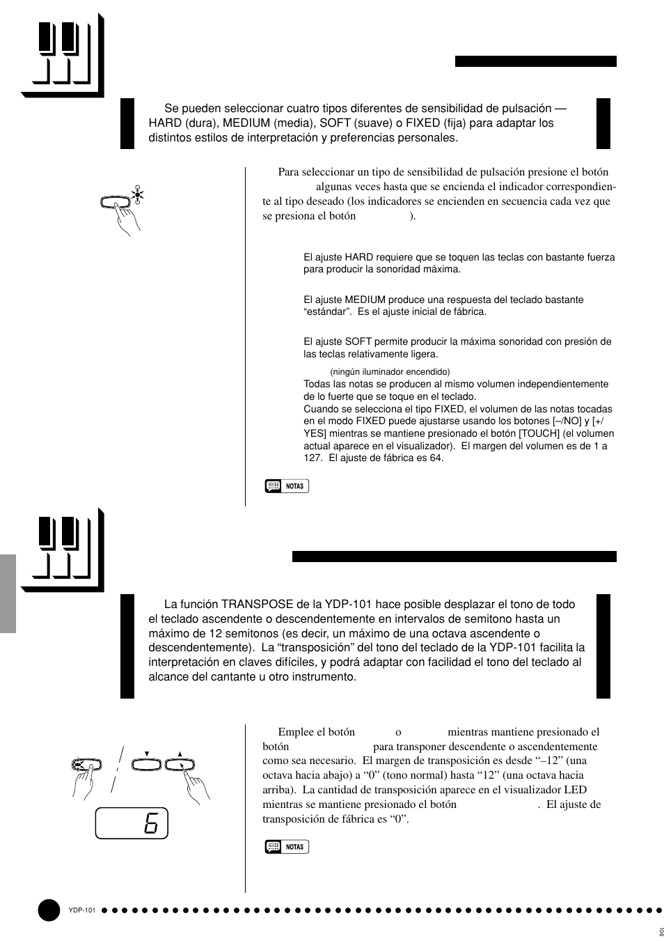 Sensibilidad a la pulsación, Transposición | Yamaha PDP-101 User Manual | Page 18 / 47