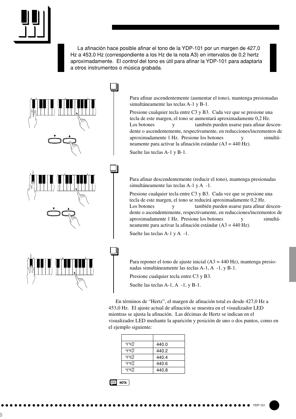 Afinación, Afinación descendente, Afinación ascendente | Para reponer el tono estándar | Yamaha PDP-101 User Manual | Page 19 / 47