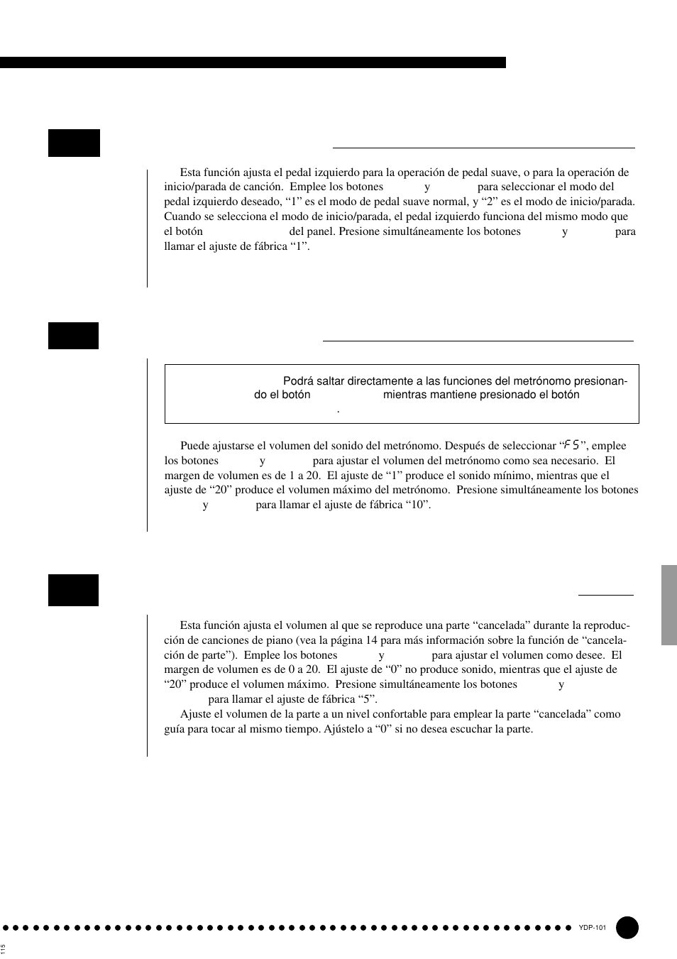 Modo de función, Volumen del metrónomo, Modo del pedal izquierdo | Yamaha PDP-101 User Manual | Page 27 / 47