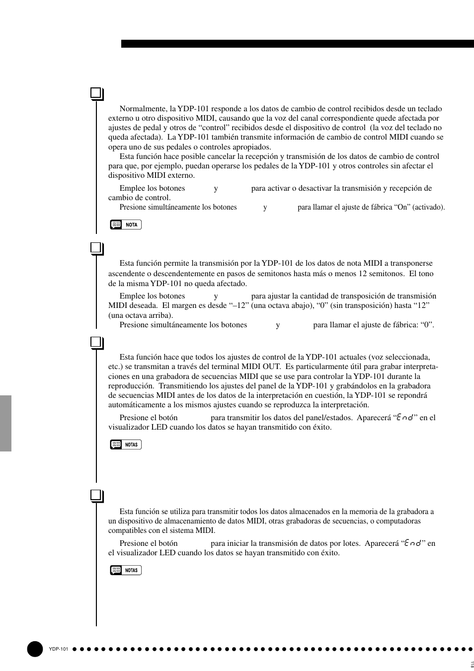 Modo de función, F7.7: transmisión de ajustes del panel/estados, F7.6: transposición de transmisión midi | F7.8: vaciado de datos por lotes | Yamaha PDP-101 User Manual | Page 30 / 47