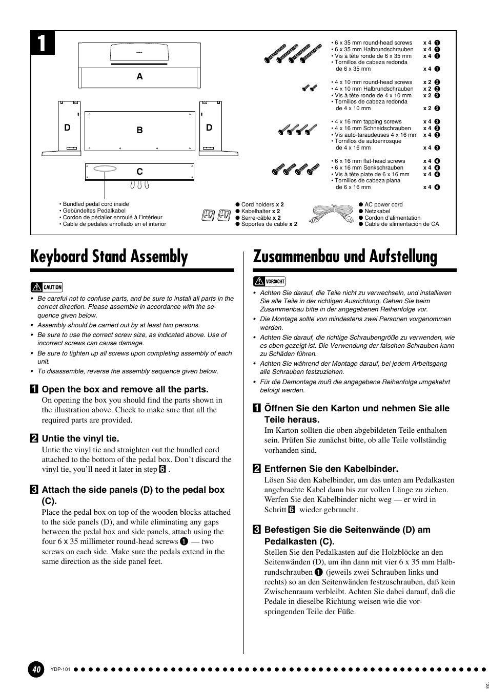 Keyboard stand assembly, Zusammenbau und aufstellung, Open the box and remove all the parts | Untie the vinyl tie, Attach the side panels (d) to the pedal box (c), Entfernen sie den kabelbinder, Ab c d d | Yamaha PDP-101 User Manual | Page 40 / 47
