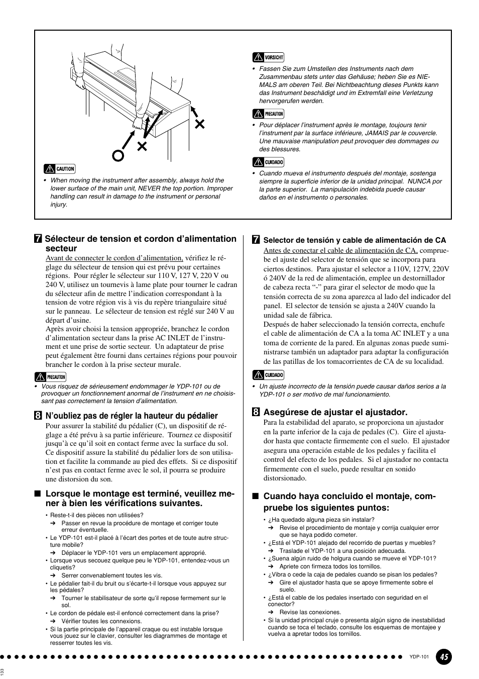 N’oubliez pas de régler la hauteur du pédalier, Asegúrese de ajustar el ajustador | Yamaha PDP-101 User Manual | Page 45 / 47