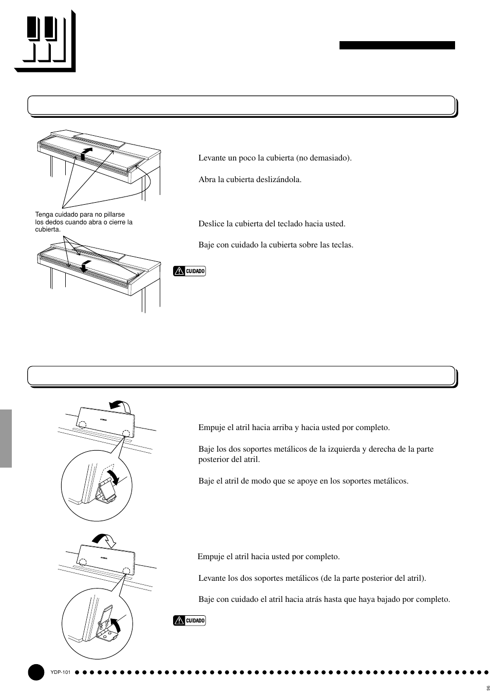 Cubierta del teclado y atril, Cubierta del teclado atril | Yamaha PDP-101 User Manual | Page 8 / 47