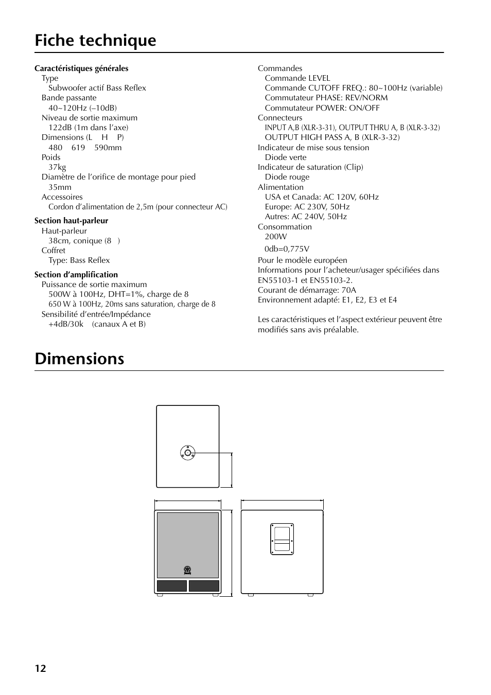 Fiche technique, Caractéristiques générales, Section haut-parleur | Section d’amplification, Dimensions | Yamaha SW500 User Manual | Page 12 / 26