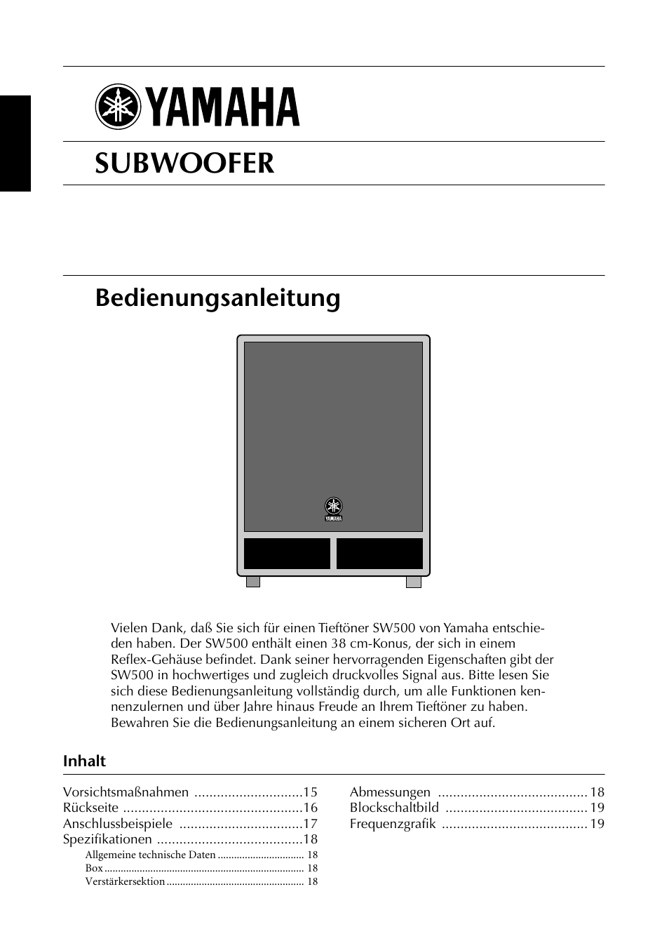 Deutsch, Inhalt, Sw500 | Subwoofer | Yamaha SW500 User Manual | Page 14 / 26