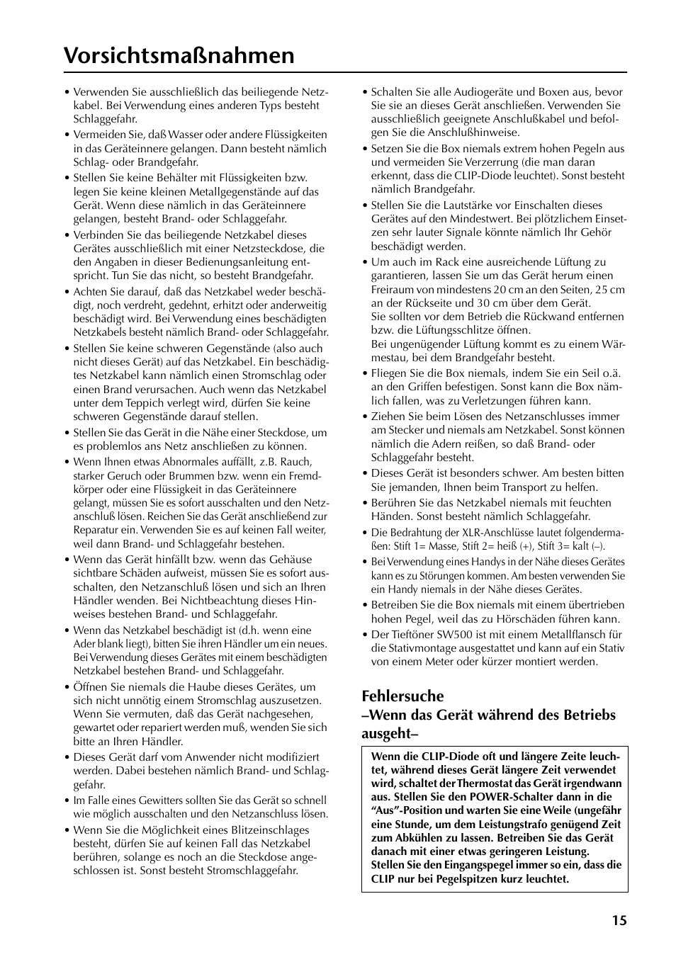 Vorsichtsmaßnahmen, Fehlersuche | Yamaha SW500 User Manual | Page 15 / 26