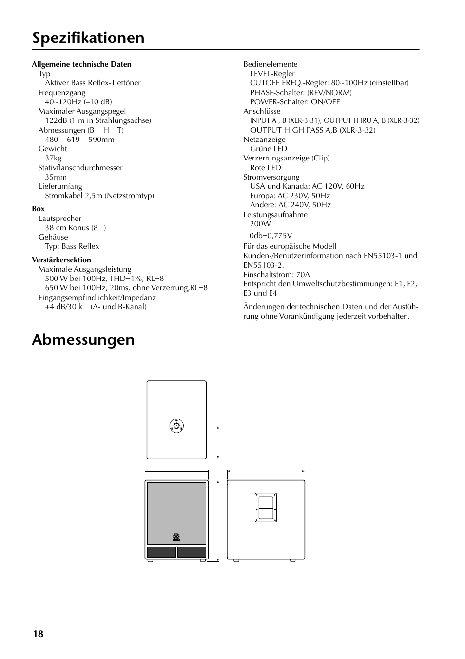 Spezifikationen, Allgemeine technische daten, Verstärkersektion | Abmessungen, Allgemeine technische daten box verstärkersektion | Yamaha SW500 User Manual | Page 18 / 26