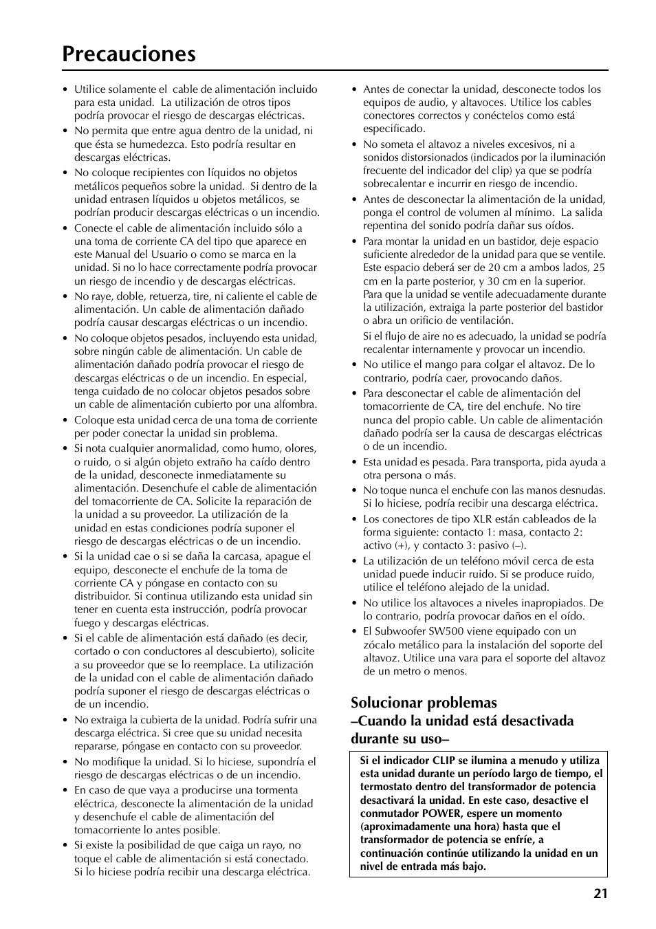 Precauciones, Solucionar problemas | Yamaha SW500 User Manual | Page 21 / 26