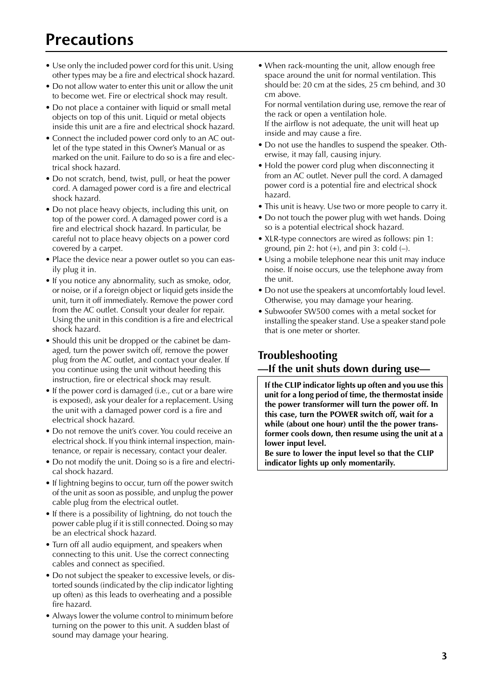 Precautions, Troubleshooting | Yamaha SW500 User Manual | Page 3 / 26