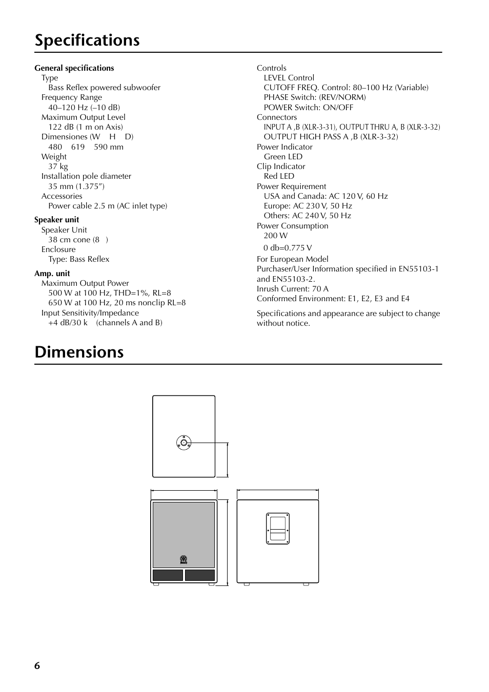 Specifications, General specifications, Speaker unit | Amp. unit, Dimensions, General specifications speaker unit amp. unit | Yamaha SW500 User Manual | Page 6 / 26