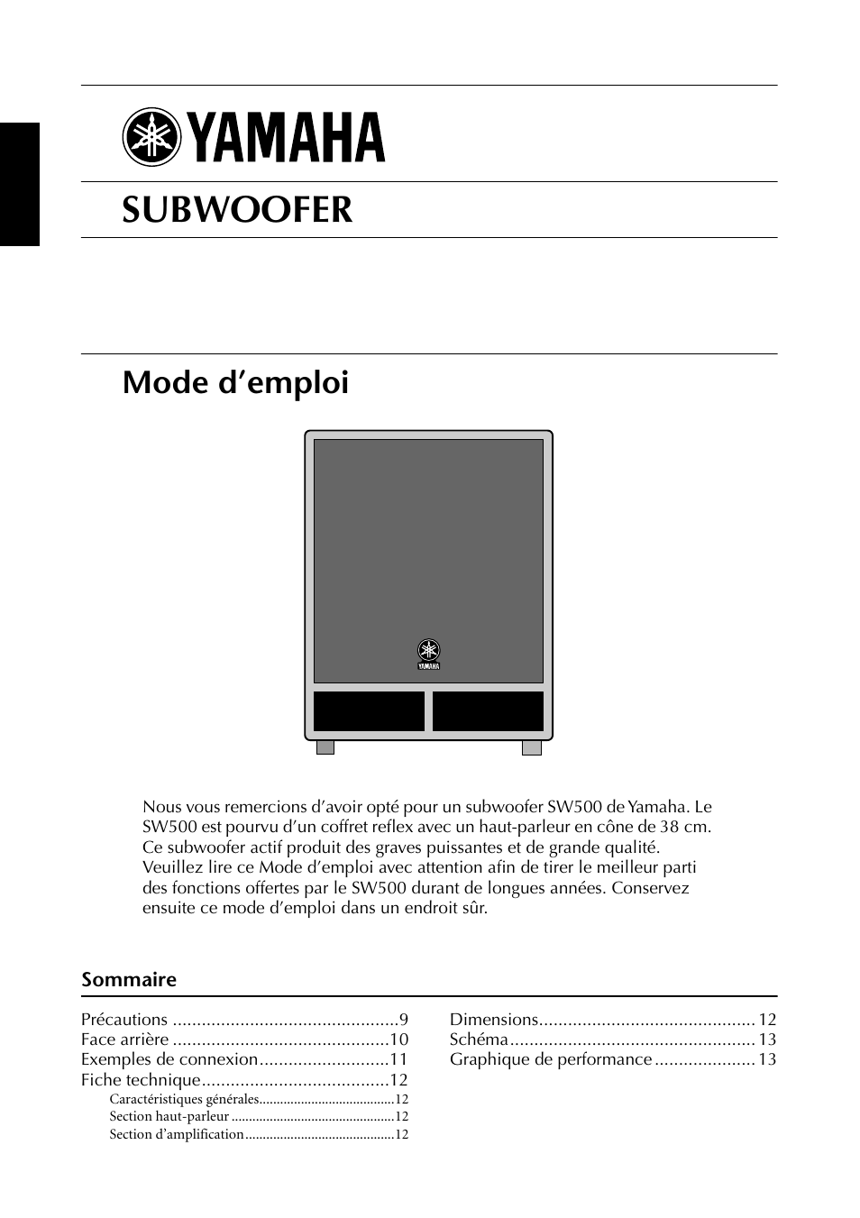 Français, Sommaire, Sw500 | Subwoofer | Yamaha SW500 User Manual | Page 8 / 26