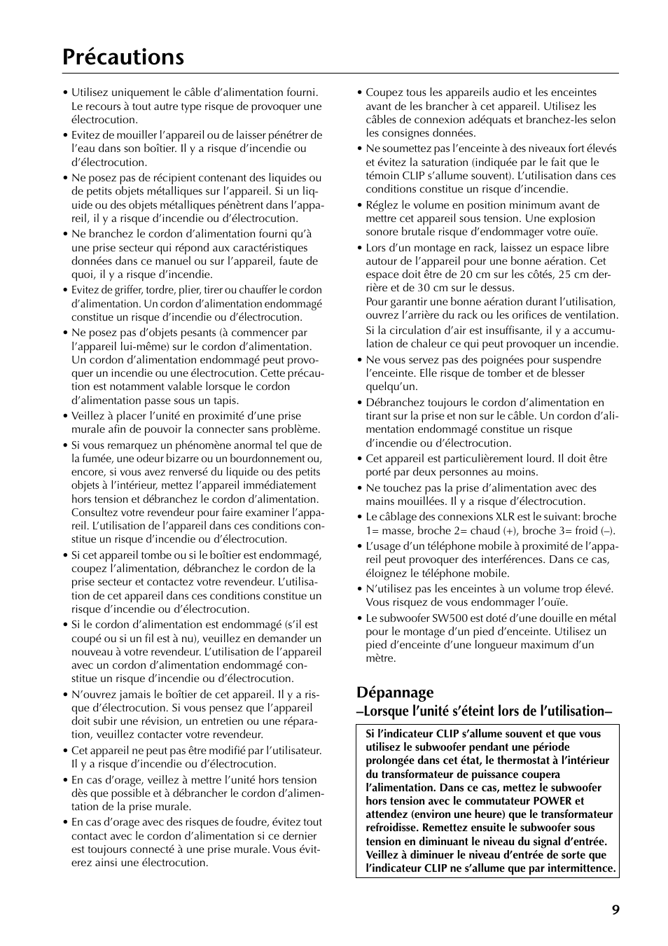 Précautions, Dépannage | Yamaha SW500 User Manual | Page 9 / 26