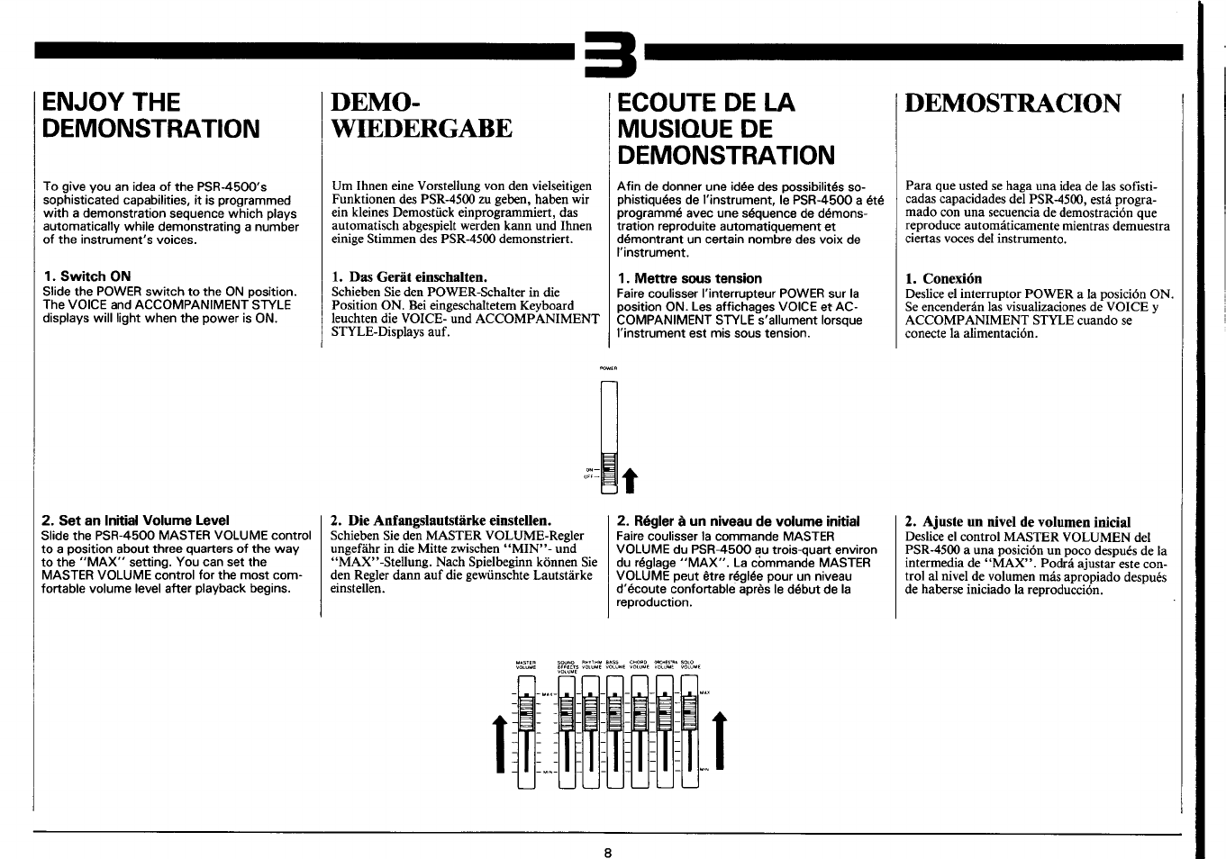 Enjoy the demonstration, Switch on, Demo | Wiedergabe, Das gerät einschalten, Ecoute de la musique de demonstration, Mettre sous tension, Demostracion, Conexión, Set an initial volume level | Yamaha Portatone PSR-4500 User Manual | Page 10 / 48