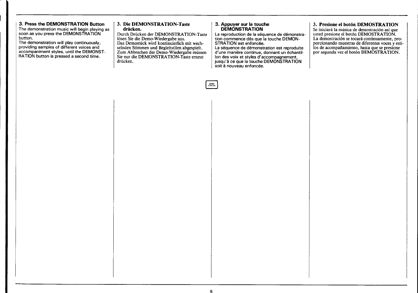 Press the demonstration button, Die demonstration-taste drücken, Appuyer sur la touche demonstration | Presione el botón demostration | Yamaha Portatone PSR-4500 User Manual | Page 11 / 48