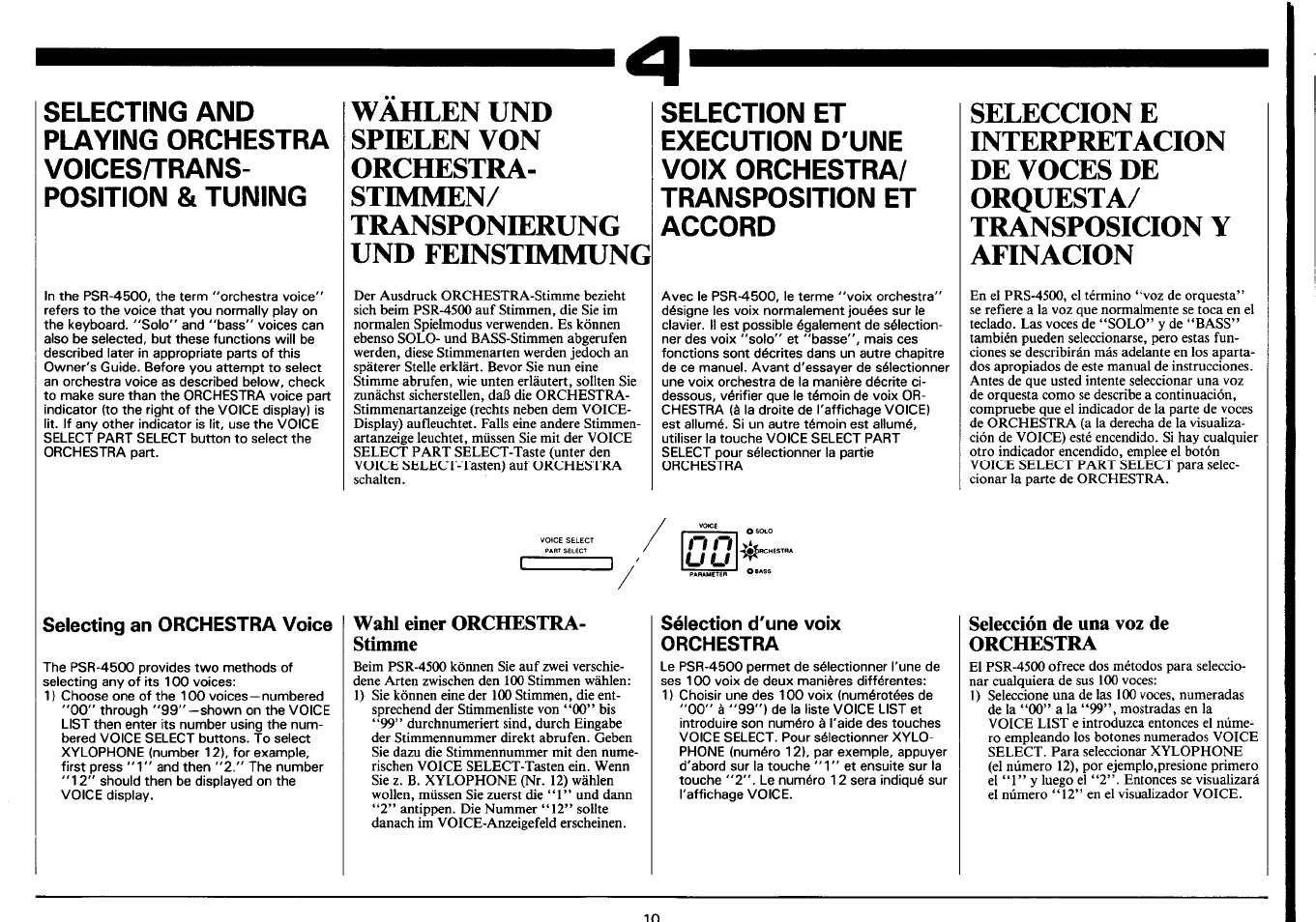 Selecting an orchestra voice, Wahl einer orchestra- stimme, Sélection d'une voix orchestra | Selección de una voz de orchestra, Sélection d'une voix solo, Selección de una voz de solo | Yamaha Portatone PSR-4500 User Manual | Page 12 / 48