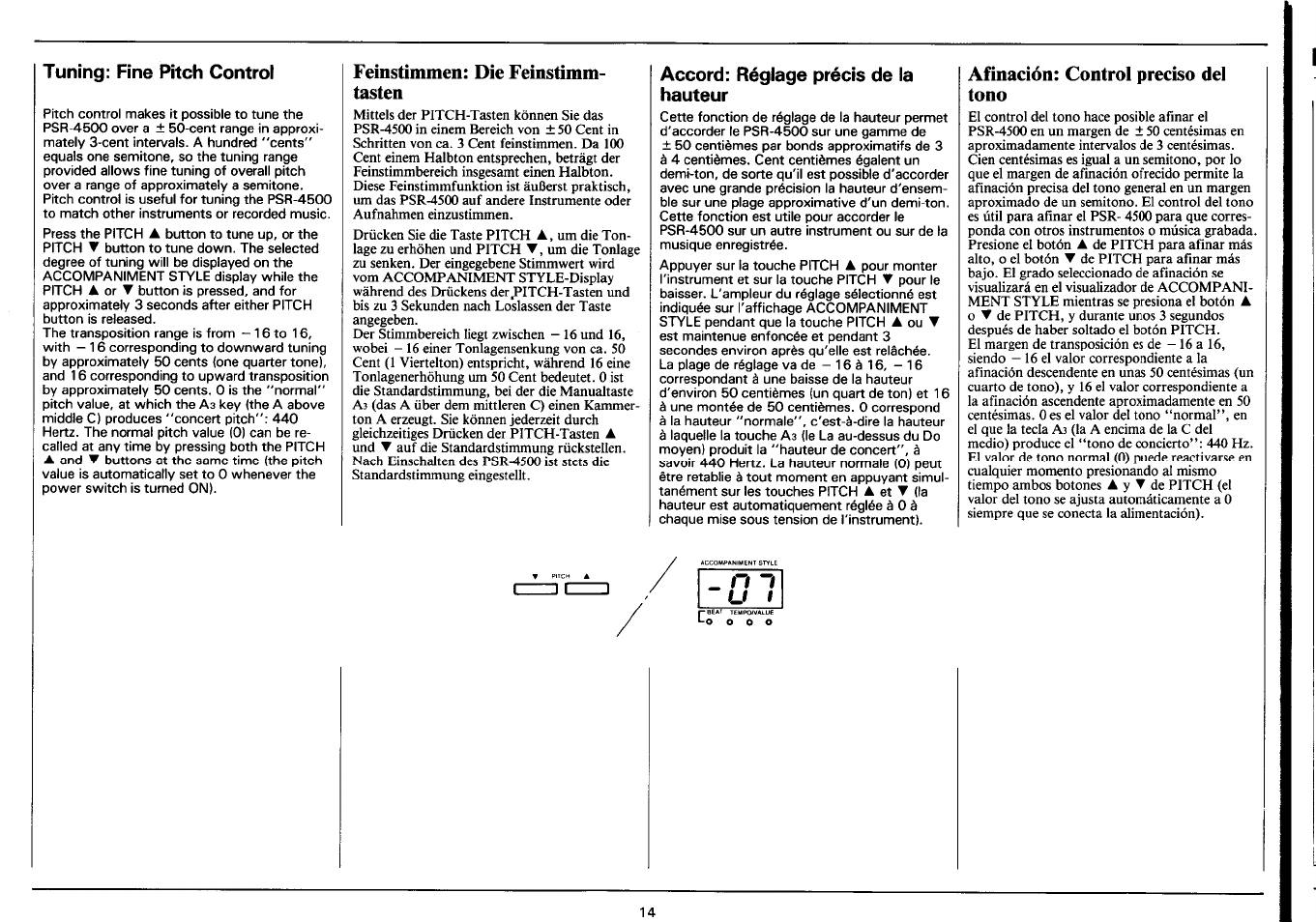 Tuning: fine pitch controi, Feinstimmen: die feinstimm- tasten, Accord: réglage précis de la hauteur | Afinación: control preciso del tono, Tuning: fine pitch control, Feinstimmen: die feinstimmtasten, Accord; réglage précis de la hauteur, Afinación; control preciso del tono | Yamaha Portatone PSR-4500 User Manual | Page 16 / 48