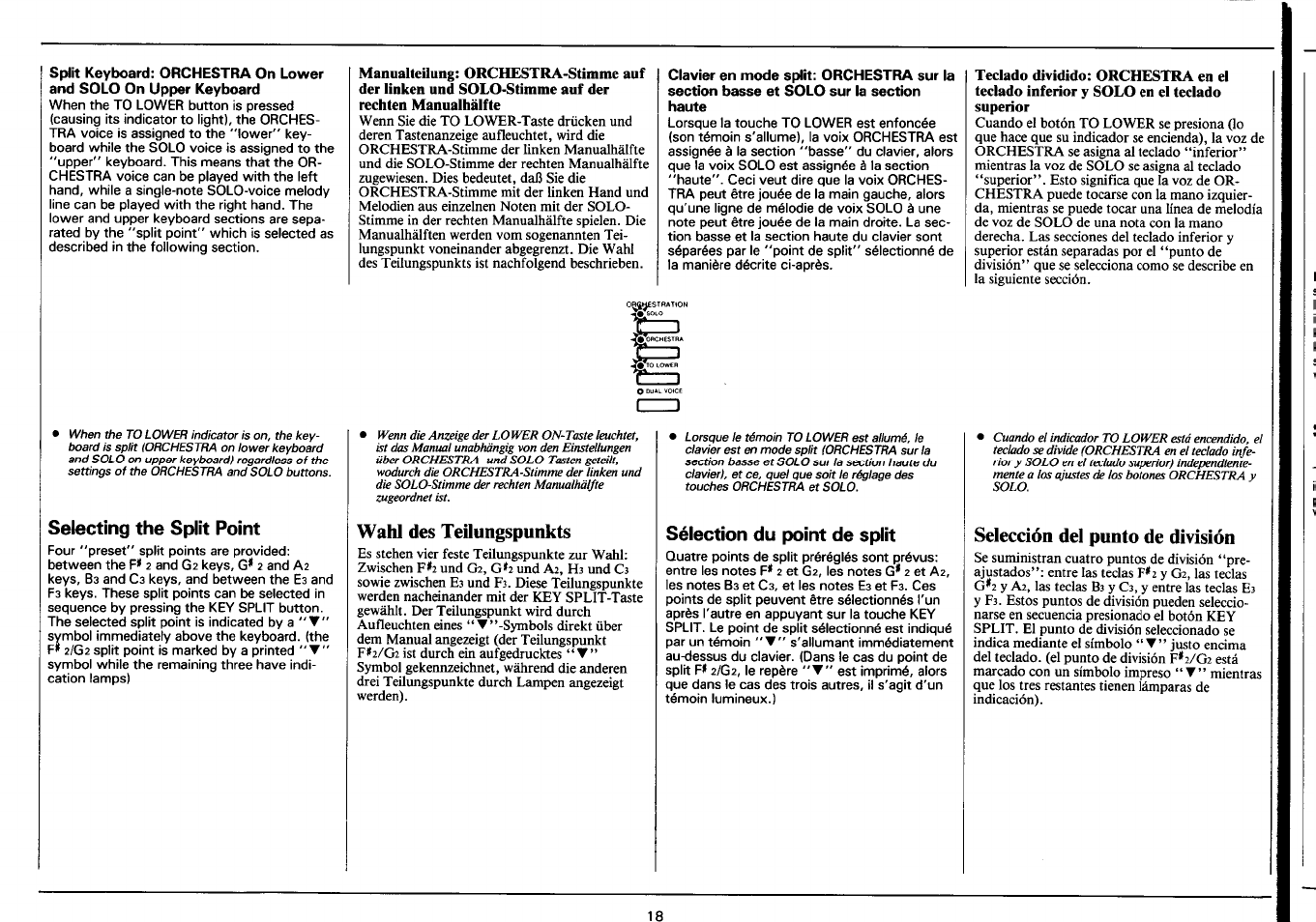 Selecting the split point, Wahl des teilungspunkts, Sélection du point de split | Selección del punto de división | Yamaha Portatone PSR-4500 User Manual | Page 20 / 48