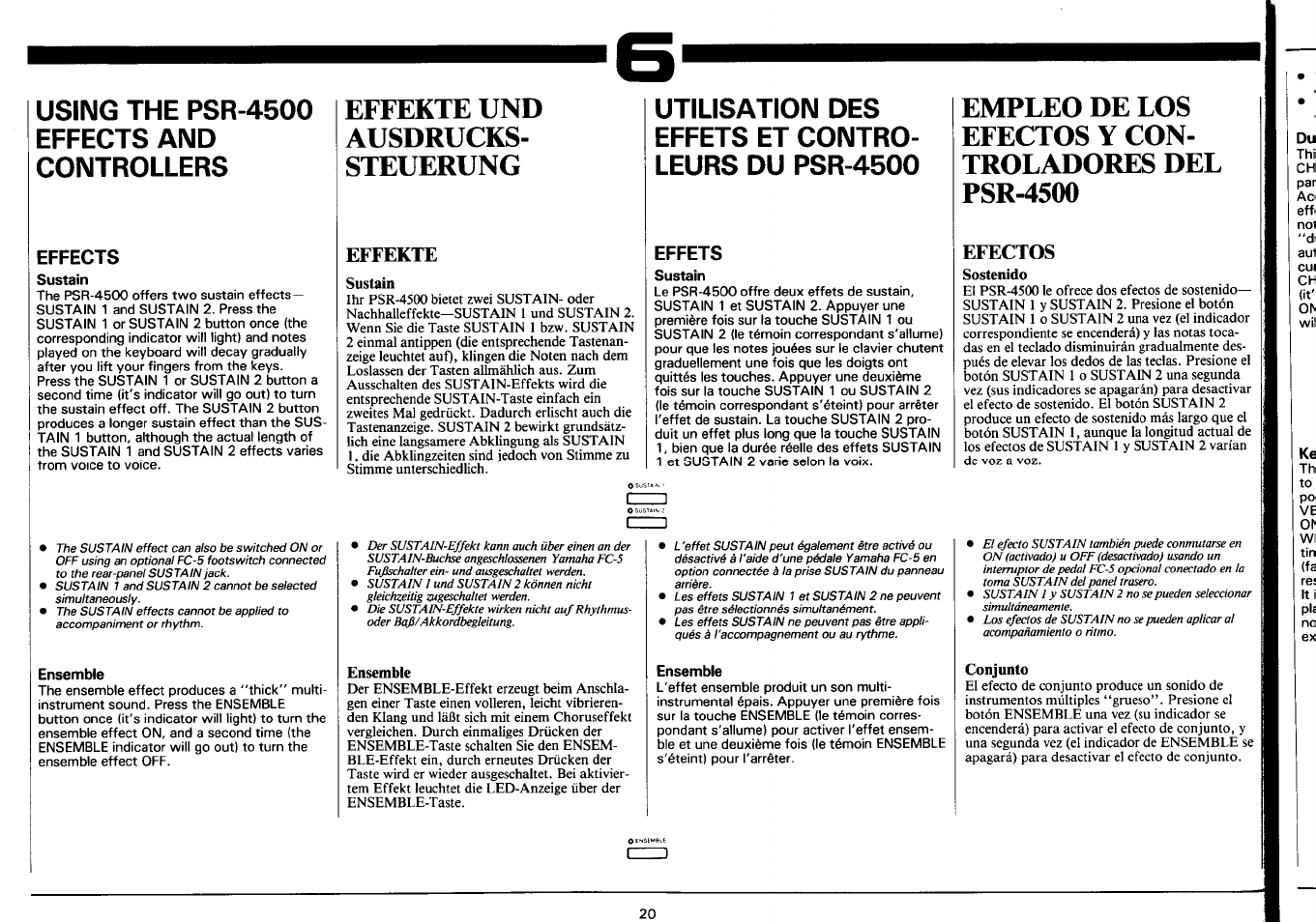 Effects, Sustain, Effekte | Effets, Efectos, Sostenido, Ensemble, Conjunto, Effekte und ausdrucks­ steuerung, Using the psr-4500 effects and controllers | Yamaha Portatone PSR-4500 User Manual | Page 22 / 48