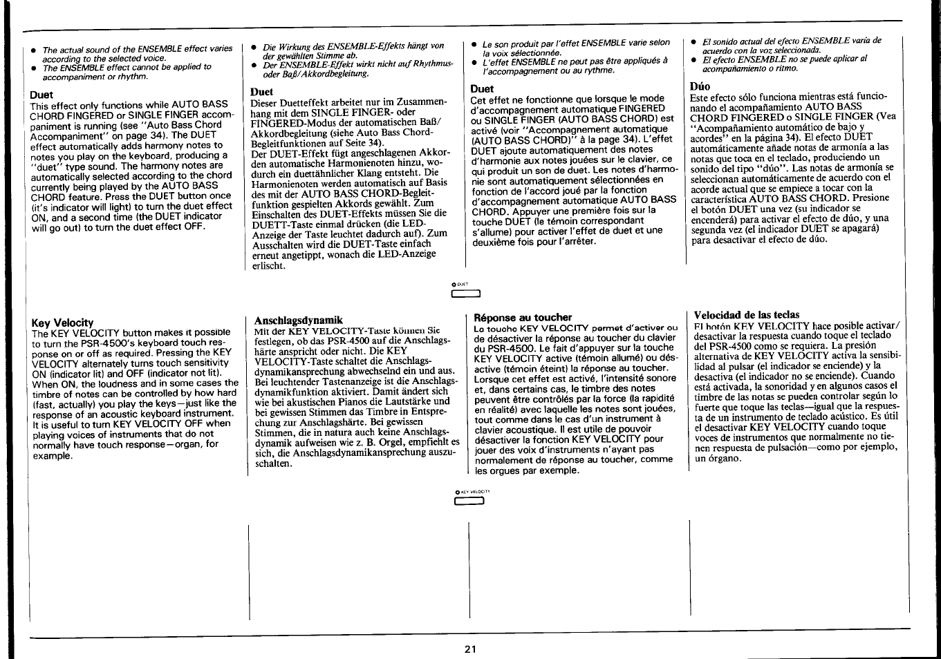 Duet, Key velocity, Anschlagsdynamik | Réponse au toucher, Velocidad de las teclas | Yamaha Portatone PSR-4500 User Manual | Page 23 / 48