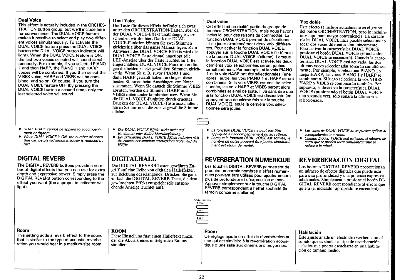 Dual voice, Voz doble, Digital reverb | Digitalhall, Reverberation numerique, Reverberacion digital, Room, Réverbération numérique, Reverberación digital | Yamaha Portatone PSR-4500 User Manual | Page 24 / 48