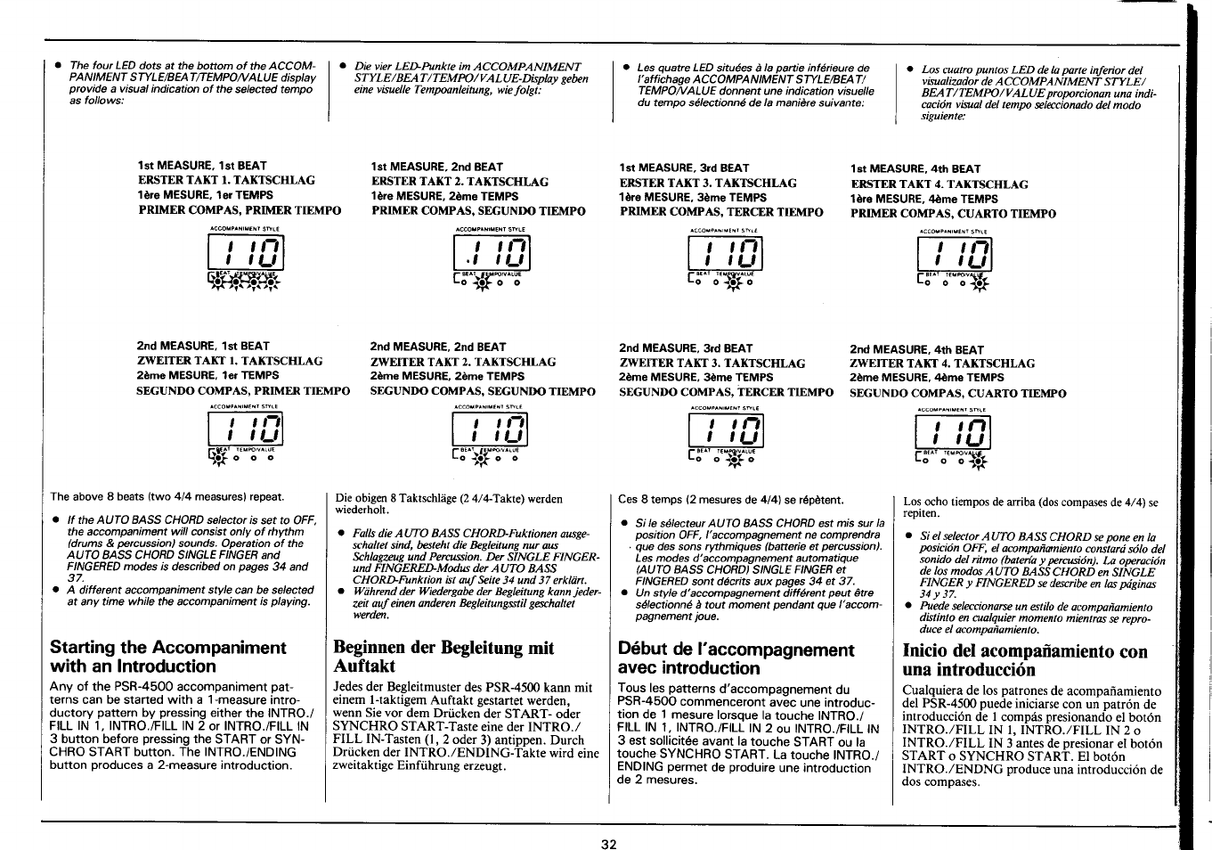 Starting the accompaniment with an introduction, Beginnen der begleitung mit auftakt, Début de l'accompagnement avec introduction | Inicio del acompañamiento con una introducción, I n t u | Yamaha Portatone PSR-4500 User Manual | Page 34 / 48