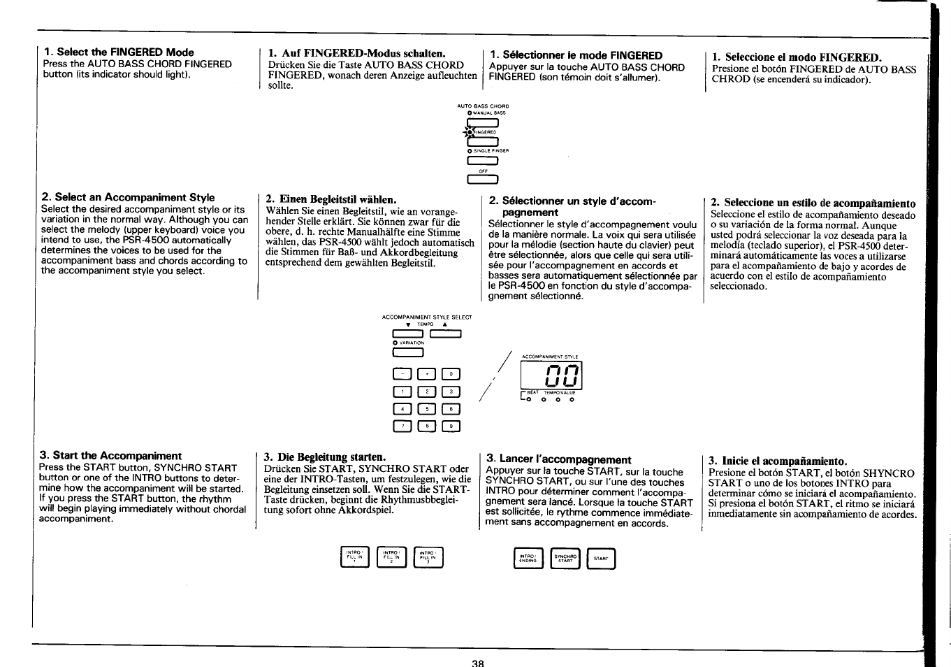 Select the fingered mode, Auf fingered-modus schalten, Sélectionner le mode fingered | Seleccione el modo fingered, Select an accompaniment style, Einen begleitstil wählen, Sélectionner un style d'accompagnement, Seleccione un estilo de acompañamiento, Start the accompaniment, Die begleitung starten | Yamaha Portatone PSR-4500 User Manual | Page 40 / 48