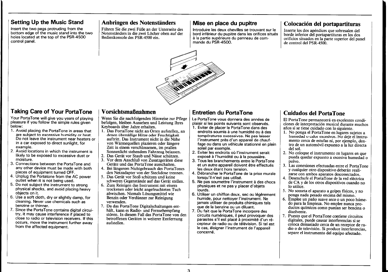Setting up the music stand, Taking care of your portatone, Anbringen des notenständers | Mise en place du pupitre, V orsichtsmaßnahmen, Entretien du portatone, Colocación del portapartìturas, Cuidados del portatone, Anbringen des notenständers vorsichtsmaßnahmen, Mise en place du pupitre entretien du portatone | Yamaha Portatone PSR-4500 User Manual | Page 5 / 48