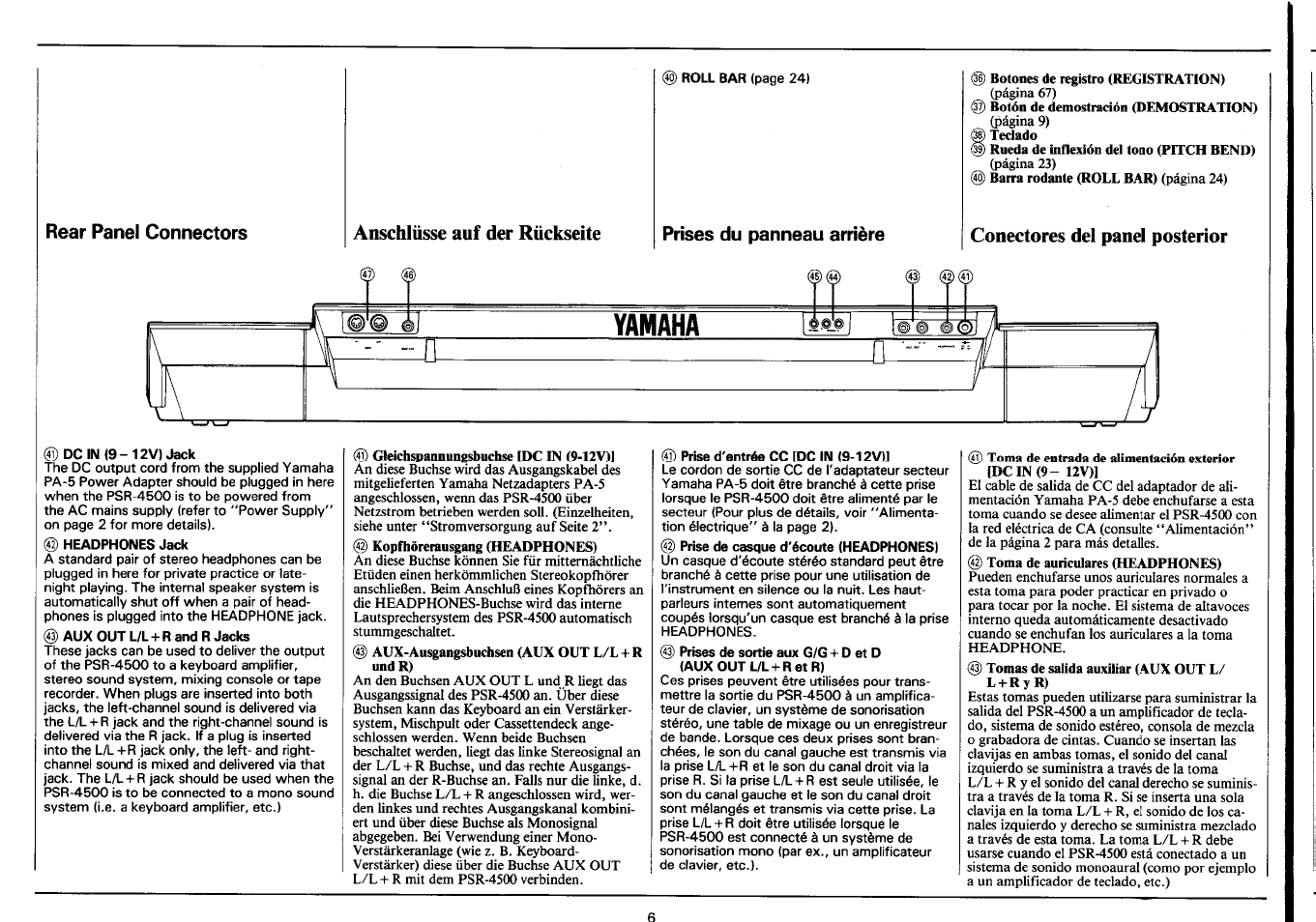 Anschlüsse auf der rückseite, Prises du panneau arrière, Conectores del panel posterior | Yamaha Portatone PSR-4500 User Manual | Page 8 / 48