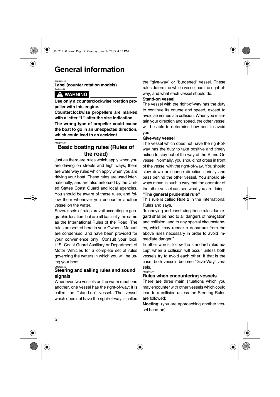 Basic boating rules (rules of the road), Basic boating rules, Rules of the road) | Steering and sailing rules and, Sound signals, Rules when encountering, Vessels, General information | Yamaha F250 LF250 User Manual | Page 11 / 83