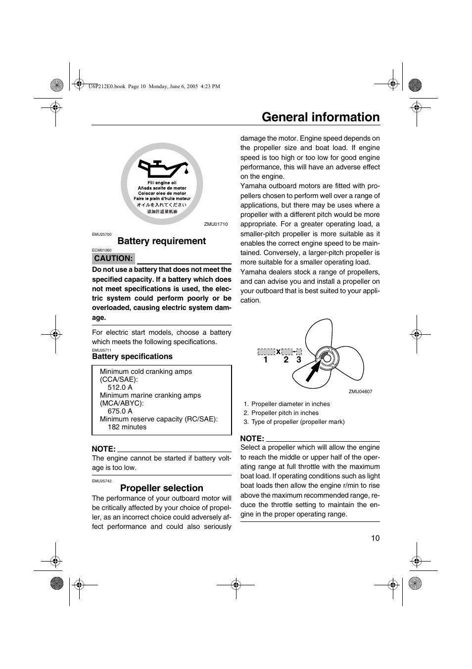 Battery requirement, Propeller selection, Battery specifications | General information | Yamaha F250 LF250 User Manual | Page 16 / 83