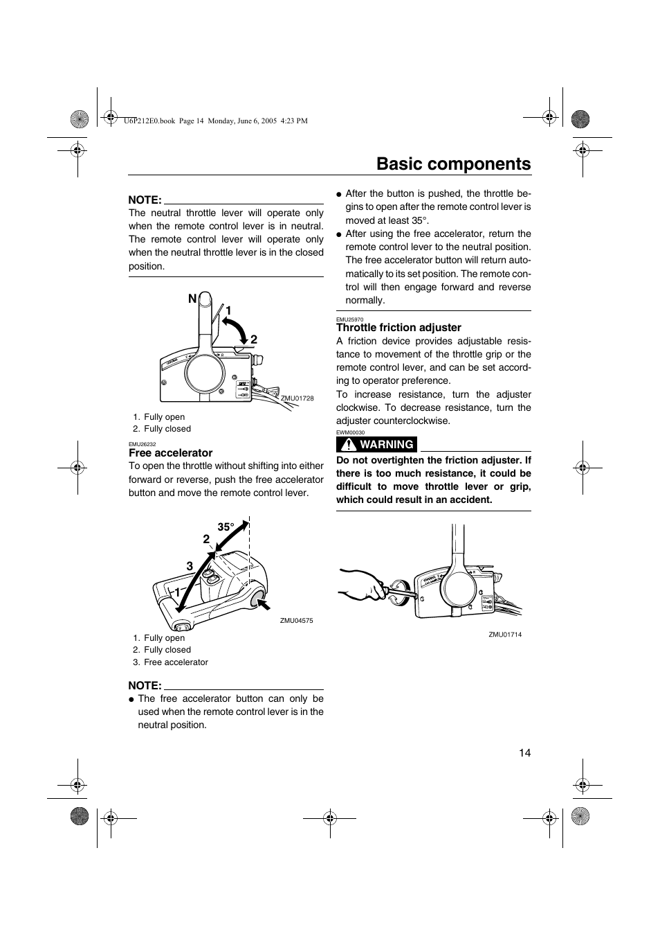 Free accelerator, Free accelerator throttle friction adjuster, Basic components | Yamaha F250 LF250 User Manual | Page 20 / 83