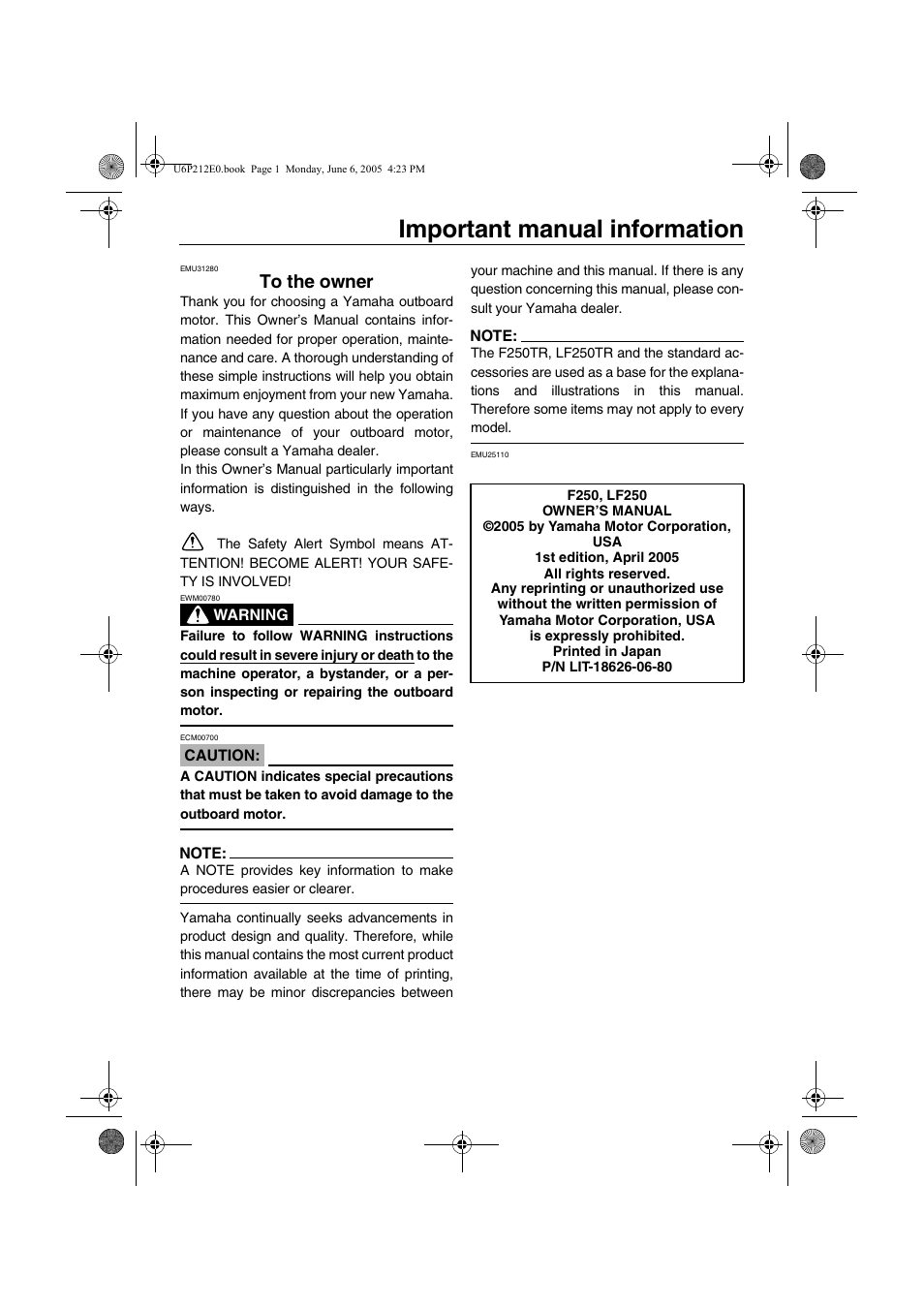 F/lf250 owner's manual, Important manual information, To the owner | Yamaha F250 LF250 User Manual | Page 3 / 83