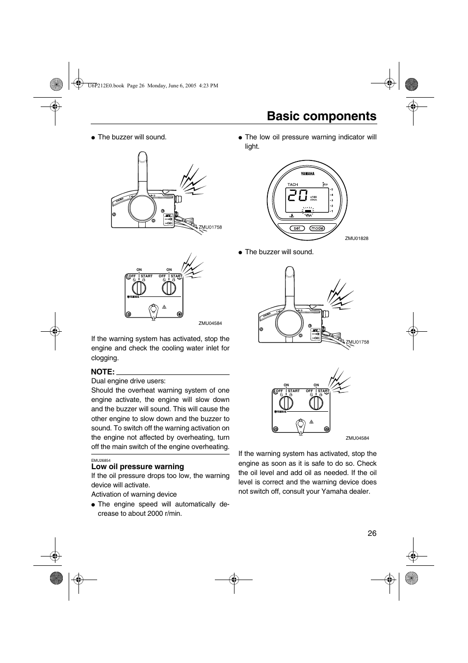 Low oil pressure warning, Basic components, The low oil pressure warning indicator will light | Yamaha F250 LF250 User Manual | Page 32 / 83