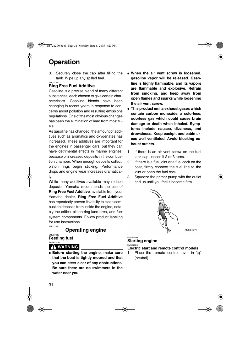 Operating engine, Ring free fuel additive, Feeding fuel starting engine | Operation | Yamaha F250 LF250 User Manual | Page 37 / 83