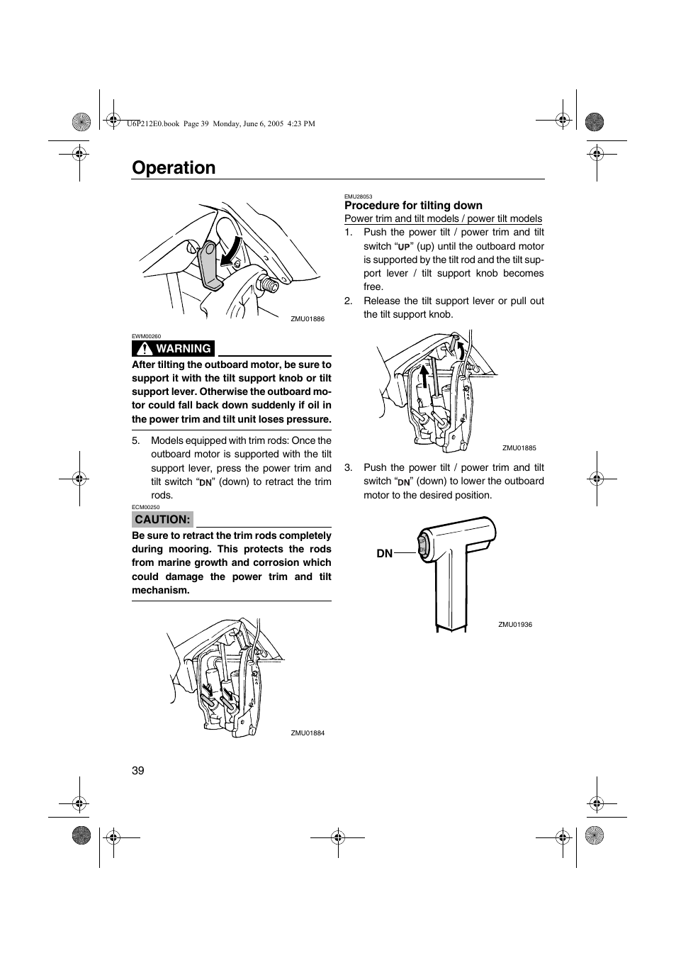 Procedure for tilting down, Operation | Yamaha F250 LF250 User Manual | Page 45 / 83