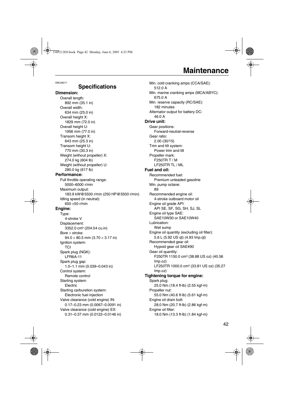 Maintenance, Specifications | Yamaha F250 LF250 User Manual | Page 48 / 83