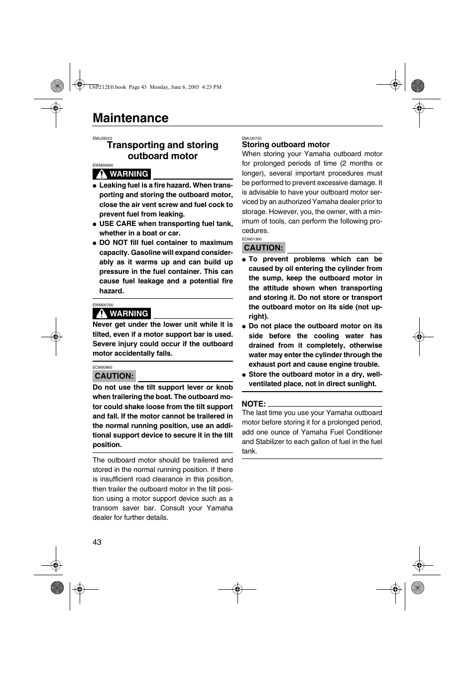 Transporting and storing outboard motor, Transporting and storing, Outboard motor | Storing outboard motor, Maintenance | Yamaha F250 LF250 User Manual | Page 49 / 83