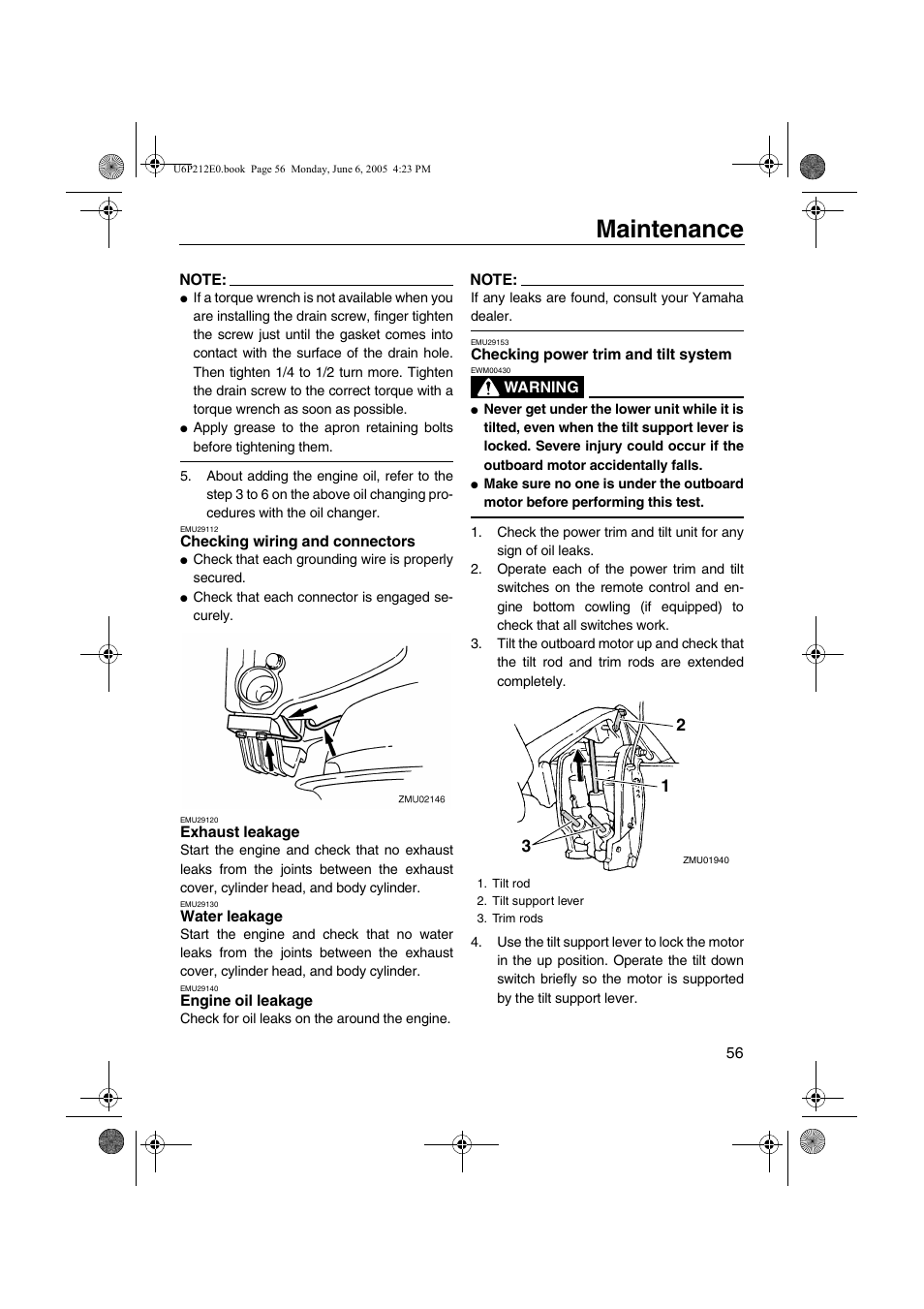 Checking wiring and connectors, Checking power trim and tilt system, Checking wiring and | Connectors, Tilt system, Maintenance | Yamaha F250 LF250 User Manual | Page 62 / 83