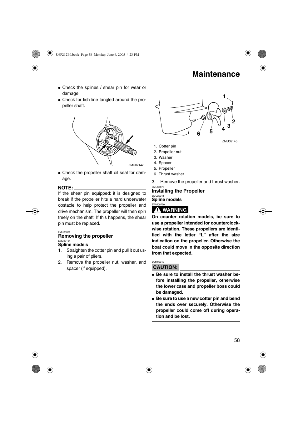 Removing the propeller installing the propeller, Maintenance | Yamaha F250 LF250 User Manual | Page 64 / 83