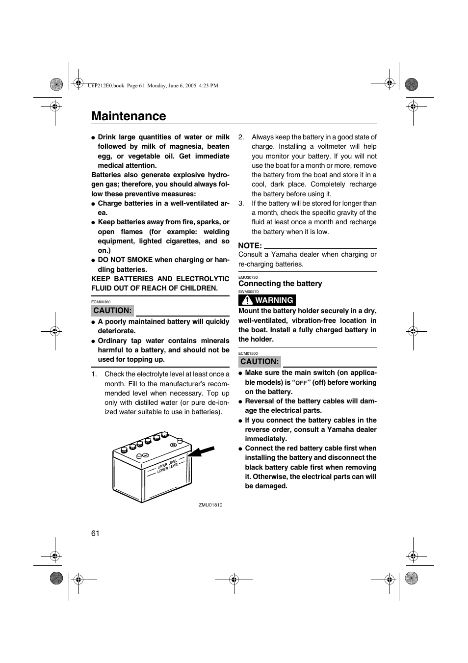 Connecting the battery, Maintenance | Yamaha F250 LF250 User Manual | Page 67 / 83