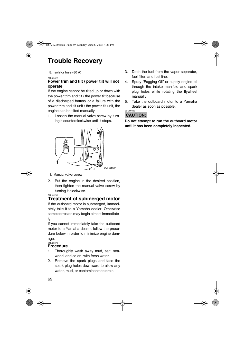 Treatment of submerged motor, Power trim and tilt / power tilt, Will not operate | Treatment of submerged, Motor, Procedure, Trouble recovery | Yamaha F250 LF250 User Manual | Page 75 / 83