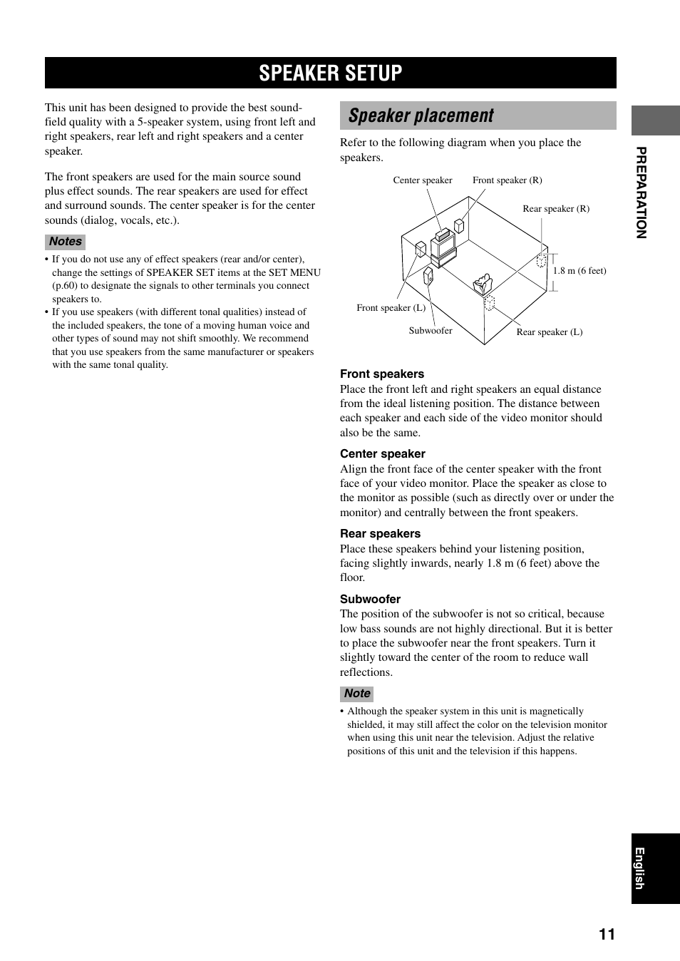 Speaker setup, Speaker placement | Yamaha DVX-S100 User Manual | Page 15 / 82