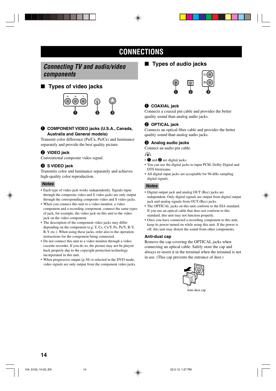 Connections, Connecting tv and audio/video components, Types of video jacks | Types of audio jacks | Yamaha DVX-S100 User Manual | Page 18 / 82