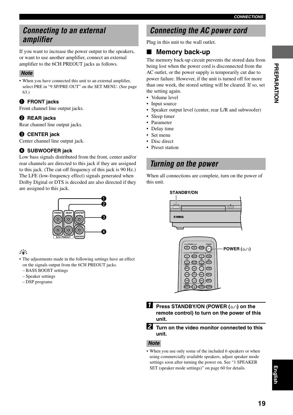 Connecting to an external amplifier, Connecting the ac power cord, Turning on the power | Prep ara tion, English, Plug in this unit to the wall outlet, Turn on the video monitor connected to this unit | Yamaha DVX-S100 User Manual | Page 23 / 82