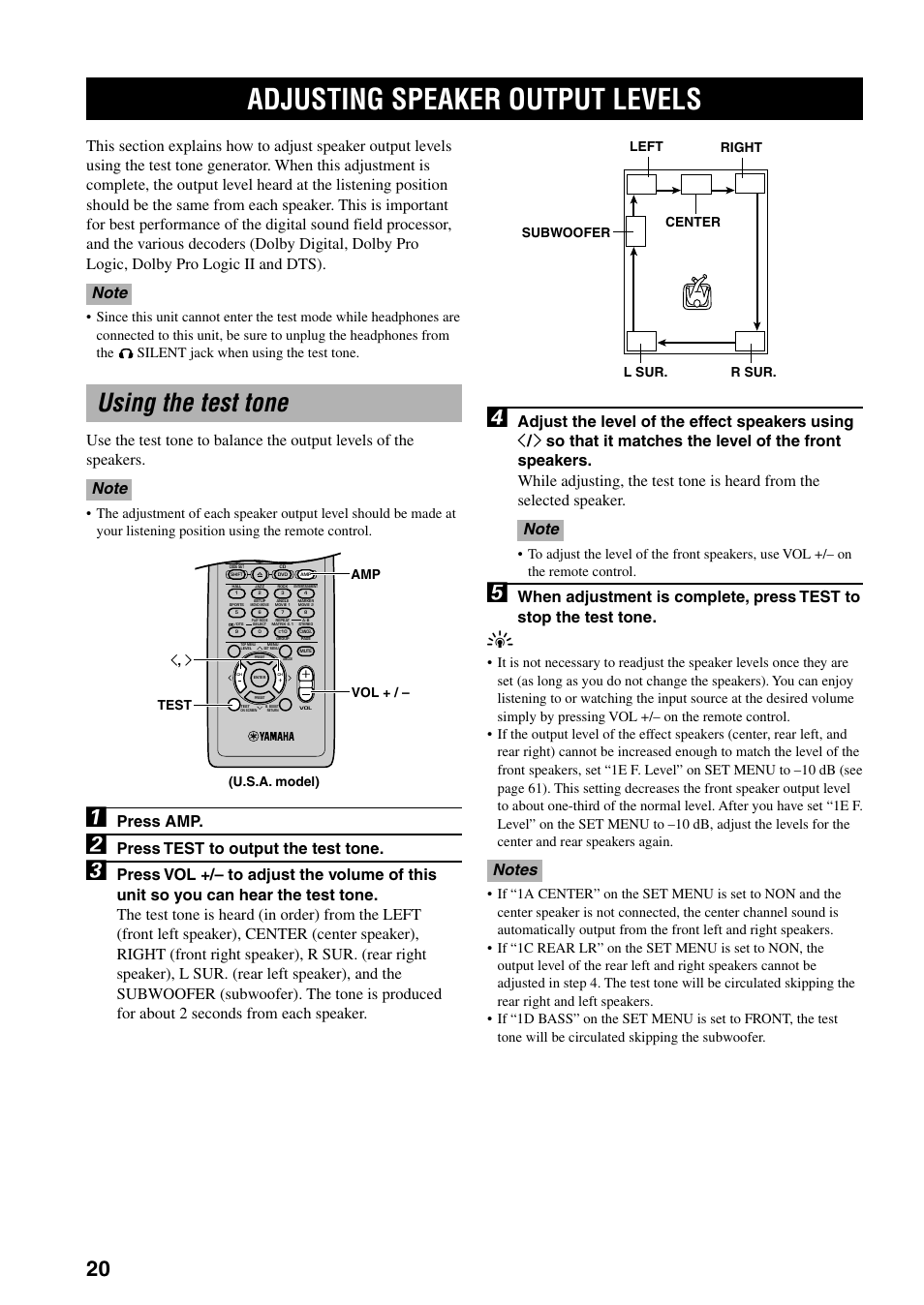 Adjusting speaker output levels, Using the test tone, Press amp | Press test to output the test tone | Yamaha DVX-S100 User Manual | Page 24 / 82
