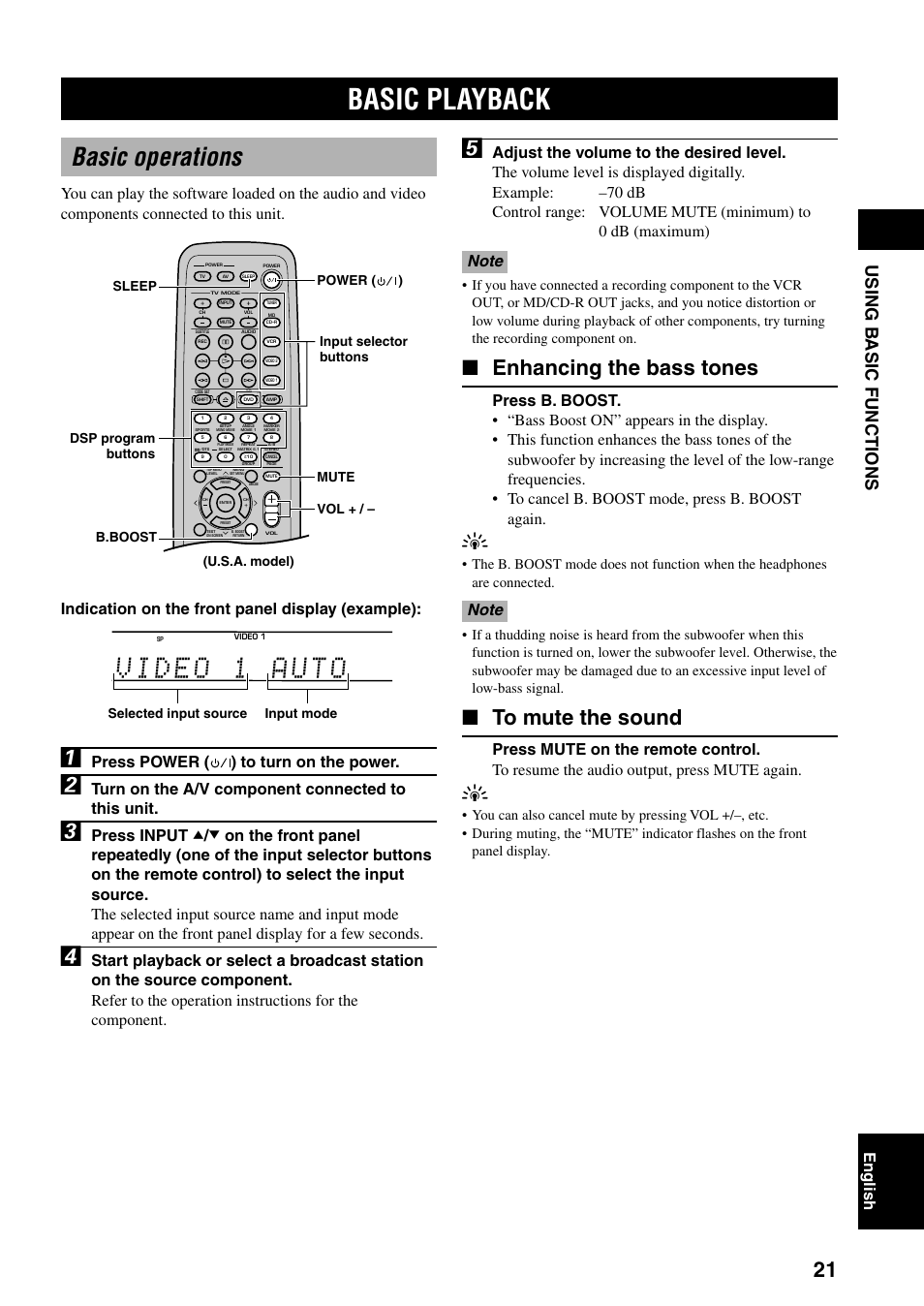 Using basic functions, Basic playback, Basic operations | Enhancing the bass tones, Using b asic functions, English, Press power ( ) to turn on the power, Turn on the a/v component connected to this unit | Yamaha DVX-S100 User Manual | Page 25 / 82